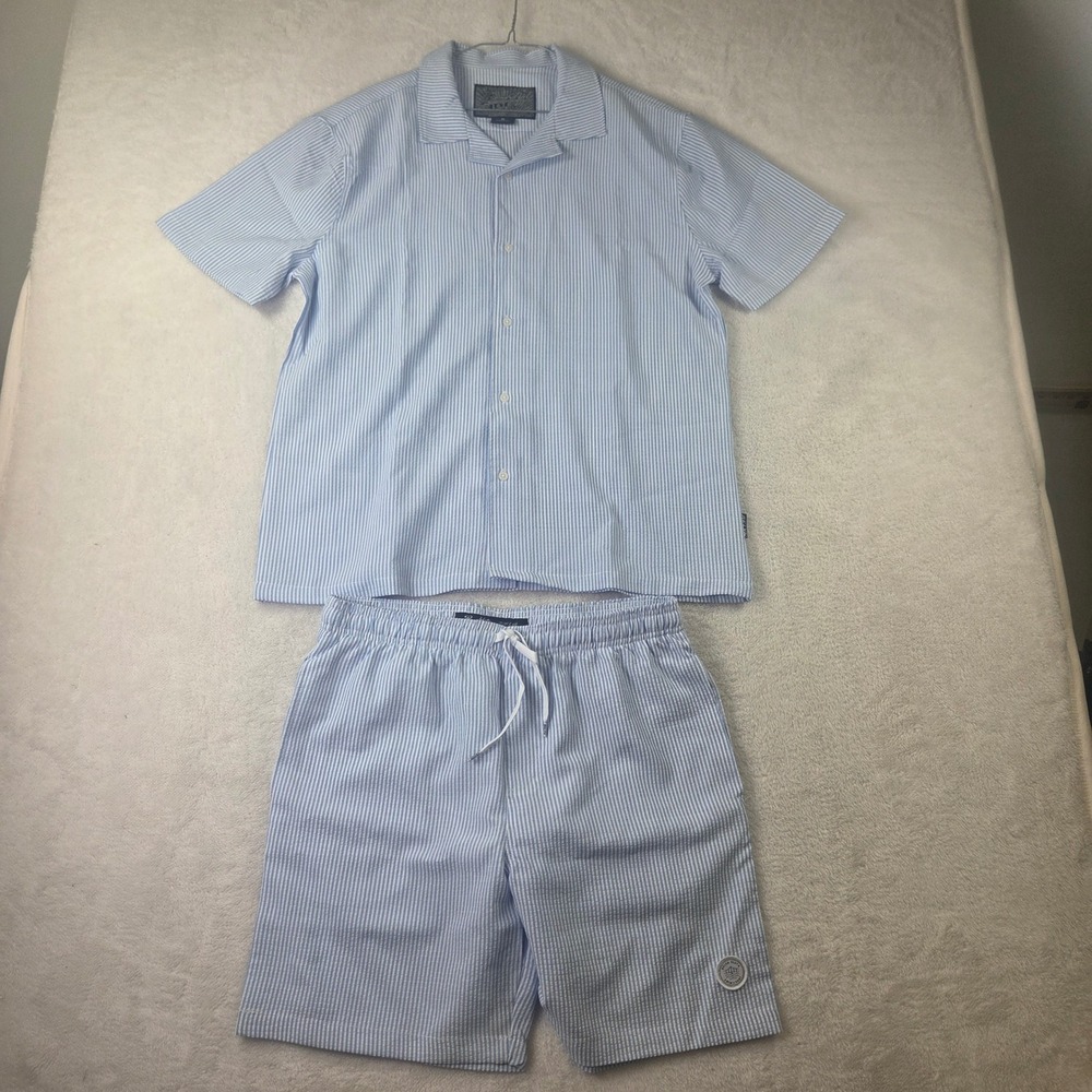 BKLYN Mens Blue White Seersucker Stripe Swim Suit Set Short Sleeve Button Up M